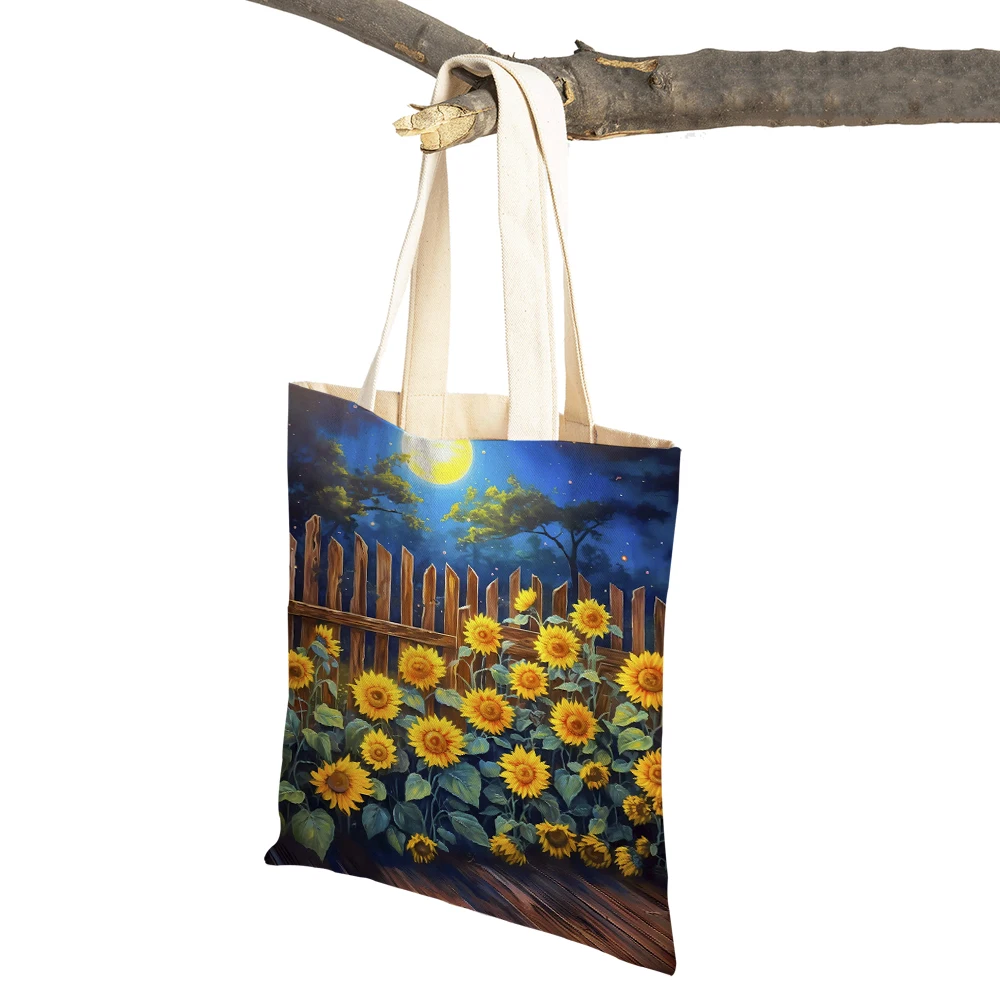 Abstraktus animacinis filmas Saulėgrąžų gėlių geometrija Kreivė Mergaitė Lapas Prekybos centras Pirkėjų krepšiai Lady Tote Rankinė Drobė Moterų pirkinių krepšys
